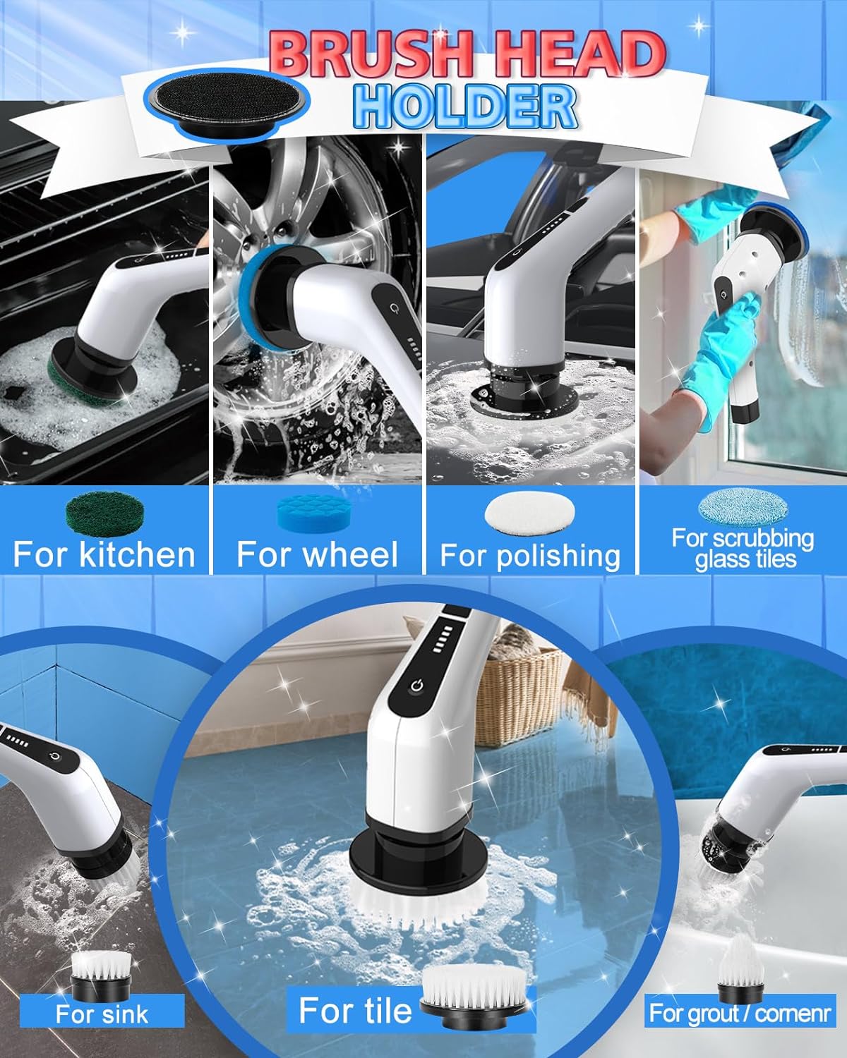 7 in 1 Electric Spin Scrubber, Cordless Cleaning brush with Replaceable Brush Head