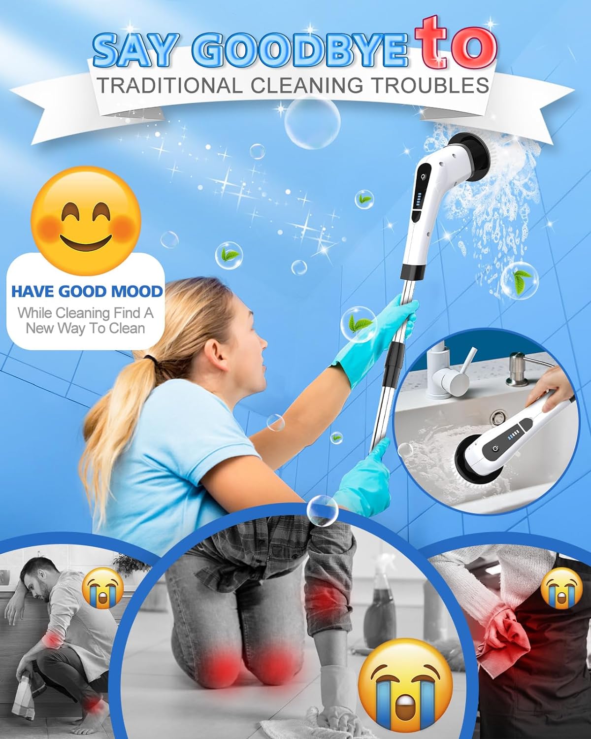 7 in 1 Electric Spin Scrubber, Cordless Cleaning brush with Replaceable Brush Head