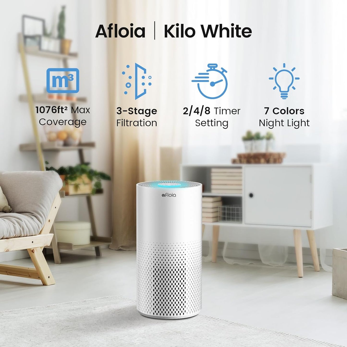 Air Purifiers for Home Bedroom Large Room up to 1076 Ft², True HEPA Filter Air Purifier for Pets Dust Pollen Allergies Dander Mold Odor Smoke, 22Db&7 Color Light, Kilo White