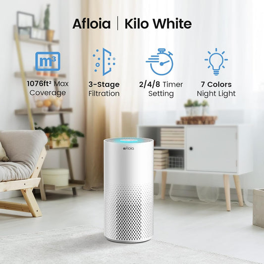 Air Purifiers for Home Bedroom Large Room up to 1076 Ft², True HEPA Filter Air Purifier for Pets Dust Pollen Allergies Dander Mold Odor Smoke, 22Db&7 Color Light, Kilo White