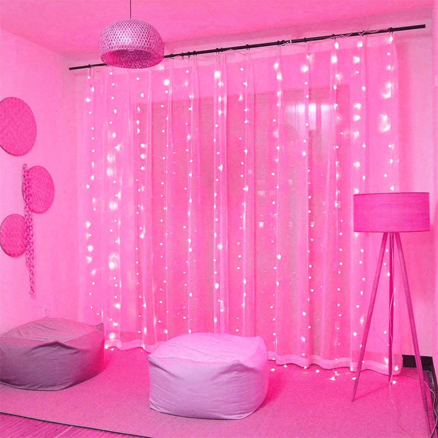 300 LED Remote Control Pink Curtain Lights, 8 Modes Pink Christmas Lights Indoor, Pink String Lights for Bedroom Window Wall Party Backdrop Valentine Xmas Decorations (9.8X9.8Ft)