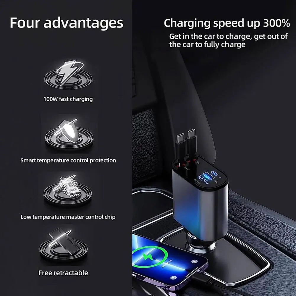 100W 4 in 1 Retractable Car Charger Type C Cable Fast Charge Cord Cigarette Lighter Adapter for Iphone