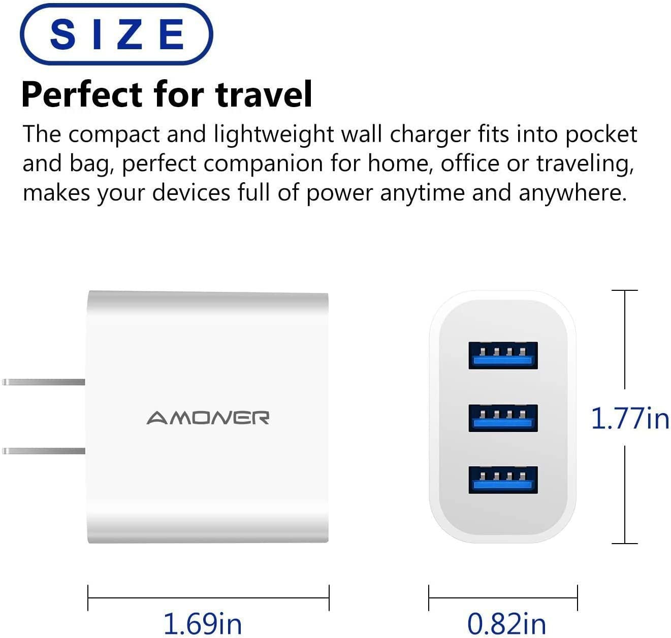 2Pack 15W 3-Port Plug Power Adapter for Iphone 14/13/12/11/Pro/Promax/Xs/Xr/X/8, Galaxy S22 S21 and More